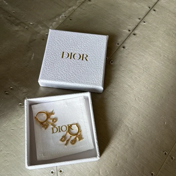 Christian Dior gold crystal drop logo earrings with box and pouch - Picture 4 of 7